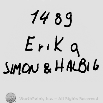 Number 1489 over Erika written with lowercase letters, Simon & Halbig written with uppercase letters