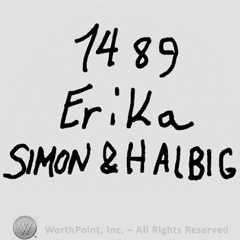 Number 1489 over Erika written with lowercase letters, Simon & Halbig written with uppercase letters