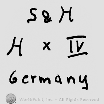 Uppercase S&H over uppercase H, lowercase X and number 4 in roman writing, Germany written below with lowercase letters