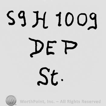 Uppercase S, number 9, uppercase H, number 1009 over uppercase DEP and St. Written with lowercase letters