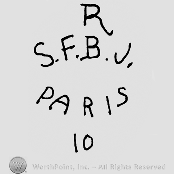 Uppercase R over uppercase S.F.B.V., Paris 10 written with uppercase letters
