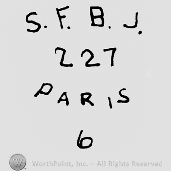 Uppercase S.F.B.J. Over number 227, Paris 6 written below with uppercase letters