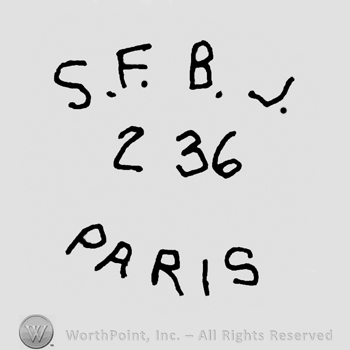Uppercase S.F.B.J.over number 236 and Paris written below with uppercase letters