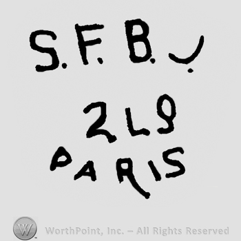 Uppercase S.F.B.J.over number 2 and uppercase LS, Paris written with uppercase letters