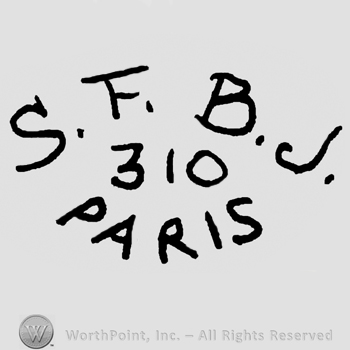 Uppercase S.F.B.J.over number 310 and Paris written below with uppercase letters