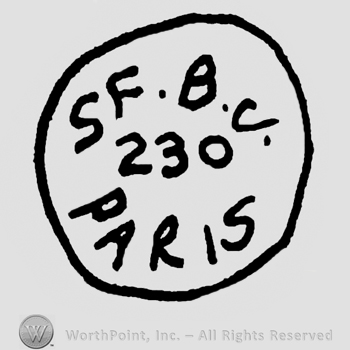 Uppercase S.F.B.J. Over number 230 and Paris written with uppercase letters, all inside a circle