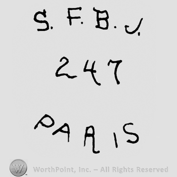 Uppercase S.F.B.J.over number 247 and Paris written below with uppercase letters
