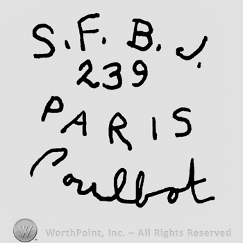 Uppercase S.F.B.J.over number 239, Paris written with uppercase letters over Poulbot handwritten with lowercase letters