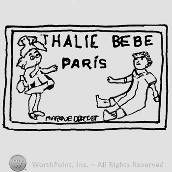 Thalie Bebe Paris written with uppercase letters between two dolls, one standing and one sitting, Marque Deposee written below with uppercase letters, all inside a double-lined rectangle