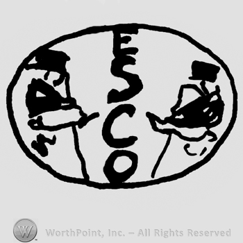 Esco written vertically with uppercase letters, two complex figures on sides, all inside an oval