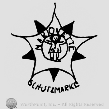 Circle with doll inside, Marionette written around it with uppercase letters, all inside a stylized star, Schutzmarke written below with uppercase letters