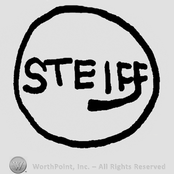 Steiff written with uppercase letters, last F is prolongued with a line below, all inside a circle