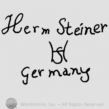 Herm Steiner handwritten with lowercase letters over uppercase entwined HS, Germany handwritten below