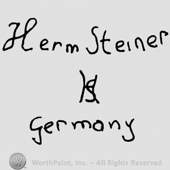 Herm Steiner handwritten with lowercase letters over uppercase entwined HS, Germany handwritten below