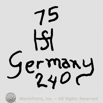 Number 75 over uppercase entwined HS, Germany written with lowercase letters over number 240