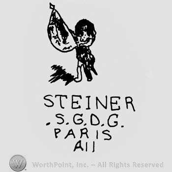 Standing human figure holding a banner, Steiner S.G.D.G. Paris A 11 written below with uppercase letters
