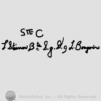 Uppercase Ste and C over a handwriting containing, among others, uppercase S.G.D.G.and handwritten J. Steiner