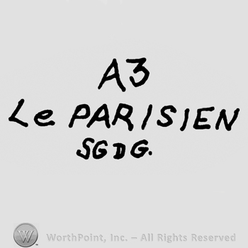 Uppercase A and number 3 over Le Parisien SGDG written with uppercase letters