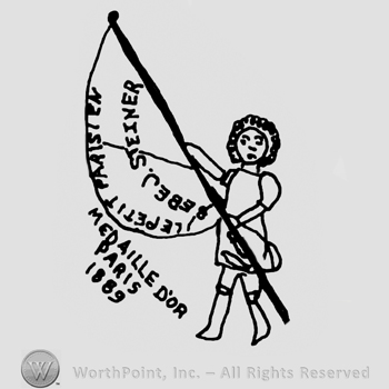 Puppet holding banner with inscription: Le Petit Parisien Bebe J. Steiner with uppercase letters; Medaille D'Or Paris 1889 written on the left side with uppercase letters