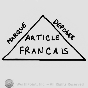 Marque Deposee written with uppercase letters outside a triangle with Article Francais written with uppercase letters in the center