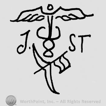 Sword with wings, two circles below, uppercase J on the left, uppercase ST on the right, stylized banner with wings below