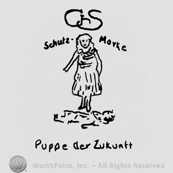 Uppercase GS over a standing doll, Schutz Marke written above with lowercase letters, Puppe der Zukuntt written below with lowercase letters