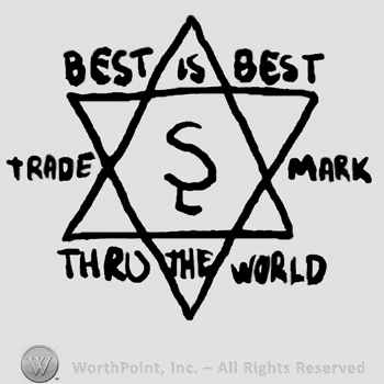 The star of David with uppercase S in the center, Best Best written above with uppercase letters, Trade Mark written on sides with uppercase letters, Thru The World written below with uppercase letters