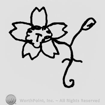 Flower with five petals, one leaf, uppercase T written in the center