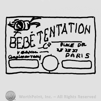 Bebe Tentation written with uppercase letters inside a cartouche with other writings, stylized insect above, a circle framed by rectangles above
