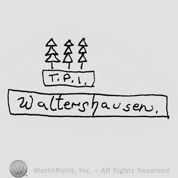 Three stylized trees over uppercase T.P.I written on a ribbon, Waltershausen written below in a rectangle with lowercase letters