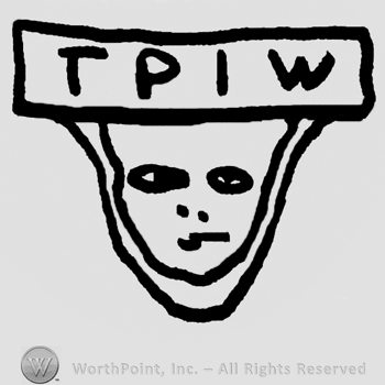 Uppercase TPIW on a ribbon place on a stylized face's forehead