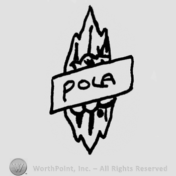 Pola written with uppercase letters on a ribbon placed on the center of a diamond-shaped design