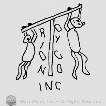 Two monkeys on a T-shaped toy, Rion Oy Co Inc written with uppercase letters; Letter T is common for all the words written vertically under it