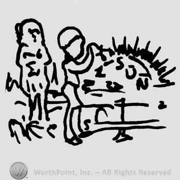 Landscape with two human figures standing, rising sun, Sun written with uppercase letters