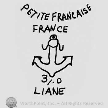 Petite Francaise France written with uppercase letters over an anchor, number 3 and uppercase D over Liane written with uppercase letters