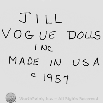 Jill Vogue Dolls Inc Made in USA C 1957 written with uppercase letters