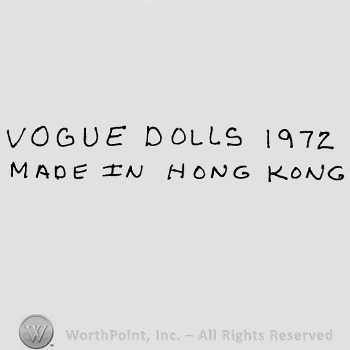 Vogue Dolls 1972 over Made in Hong Kong, all written with uppercase letters