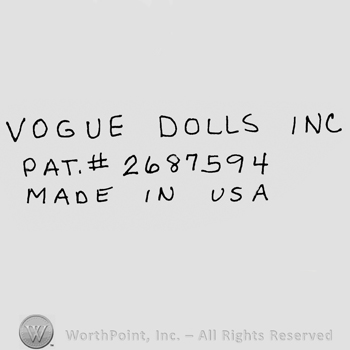 Vogue Dolls Inc Pat. # 2687594 Made in USA written with uppercase letters