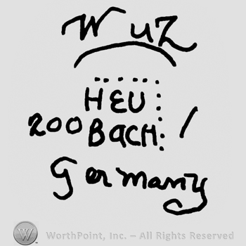 WUZ written with uppercase letters, underlined, over HeuBach written with uppercase letters, number 200 written on the left, Germany handwritten below