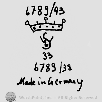 Number 6789/43 over a stylized cown, uppercase WS over number 33, number 6789/38, Made in Germany written with lowercase letters