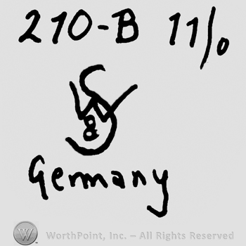 Number 210 minus uppercase B followed by 11/0 over uppercase entwined W&S, Germany written below with lowercase letters