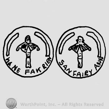 Two round designs with stylized puppet inside; first circle had Hane Fakrien written with uppercase letters below the puppet, second circle has San Fairy Ann written with uppercase letters below the puppet