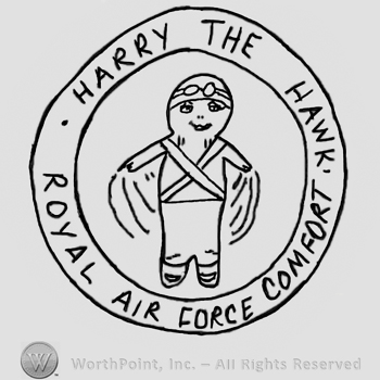 Harry the Hawk Royal Air Force Comfort written with uppercase letters around a stylized puppet with a pilot's cap