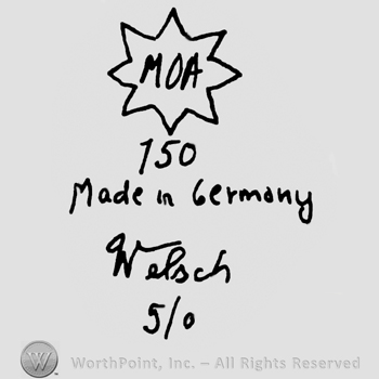 MOA written with uppercase letters inside a star design, number 150 written below, Made in Germany Weloch handwritten with lowercase letters over number 5/0