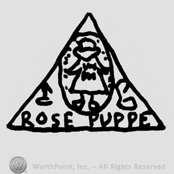 Rose Puppe written with uppercase letters under an oval with a puppet inside, all inside an ornamented triangle