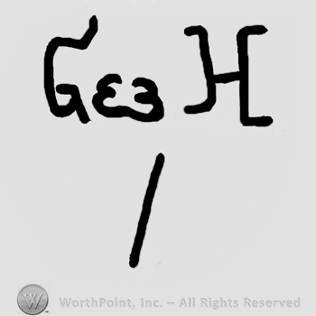 Uppercase G, mirrored double number 3, uppercase H over a leaned line