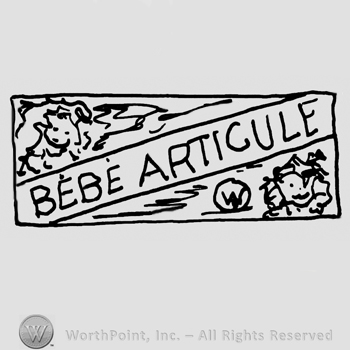 Bebe Articule written with uppercase letters inside an ornamented rectangular cartouche with an uppercase w on the right lower corner