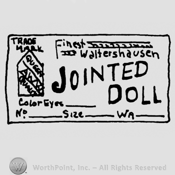 Jointed Doll written with uppercase letters along with Color Eyes, No, Size inside a rectangle, Trade Mark written with uppercase letters, Finest Waltershausen written with lowercase letters