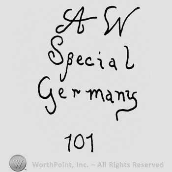 Uppercase handwritten AW over Special Germany written with lowercase letters and number 101 written below