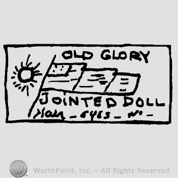 Old Glory Jointed Doll written with uppercase letters along with a banner and a sun, Hair, Eyes, No.also written with uppercase letters, all inside a rectangle
